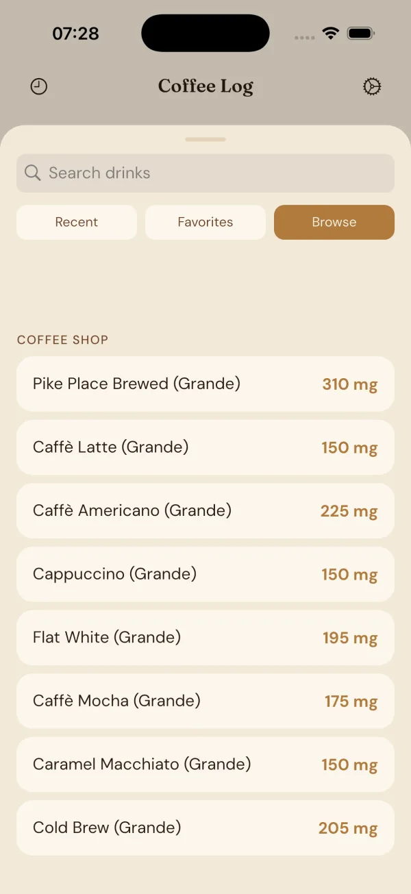 Navegador de bebidas do CoffeeLog a listar cafeína em miligramas para itens de menu de coffee-shop