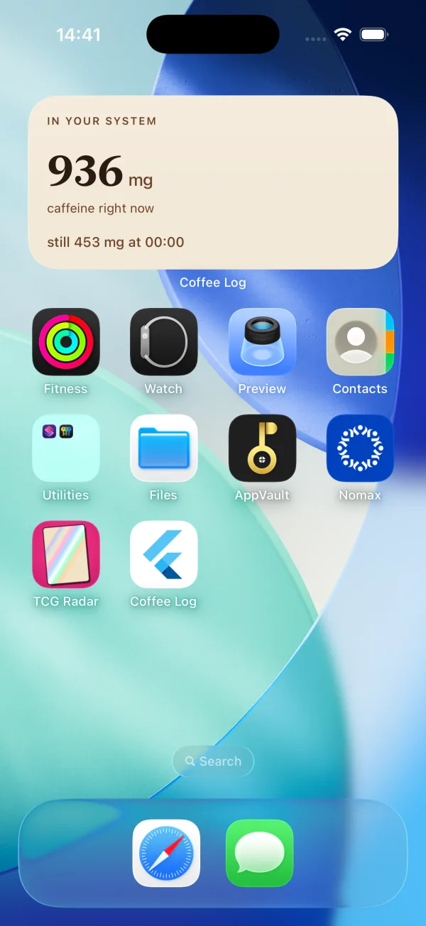 Widget do ecrã principal do CoffeeLog a mostrar a cafeína agora e a quantidade que resta na hora de deitar