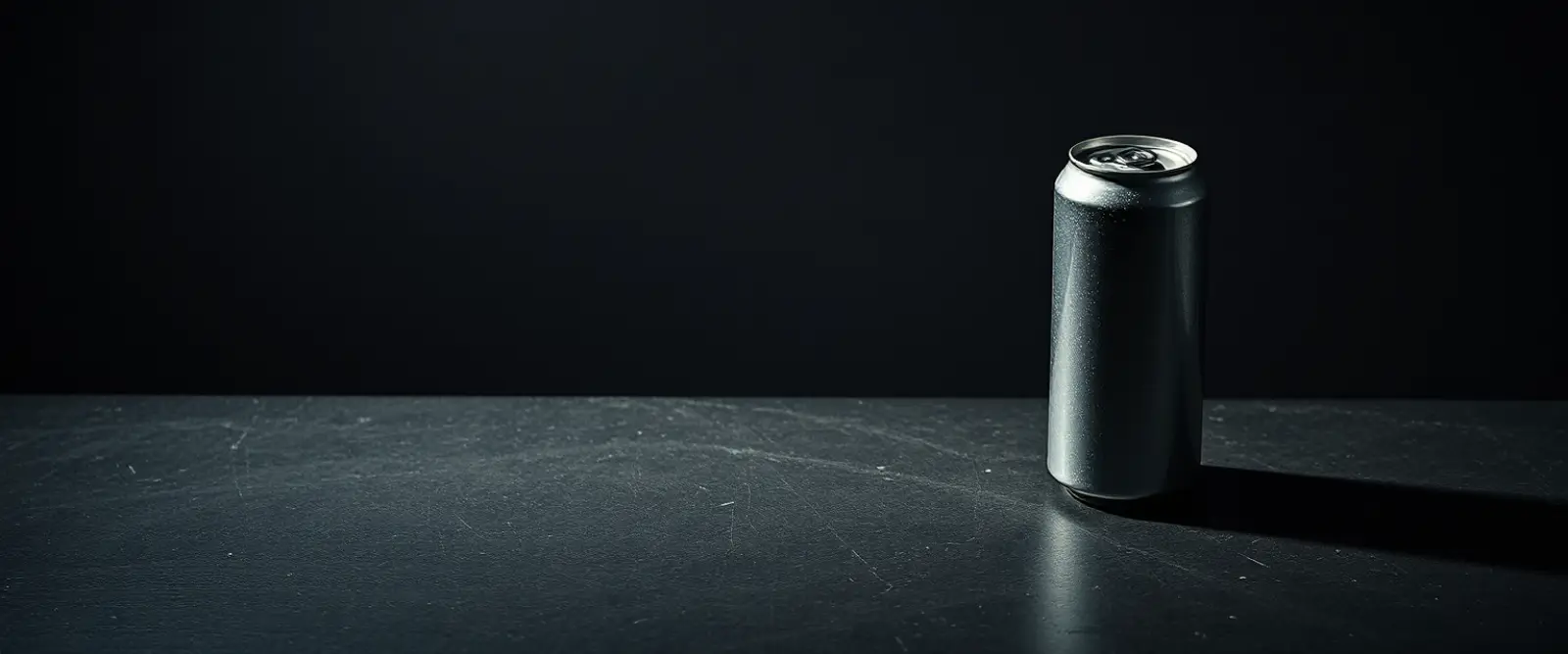 A plain unlabelled aluminium can on a dark concrete surface, its shadow long across the frame.