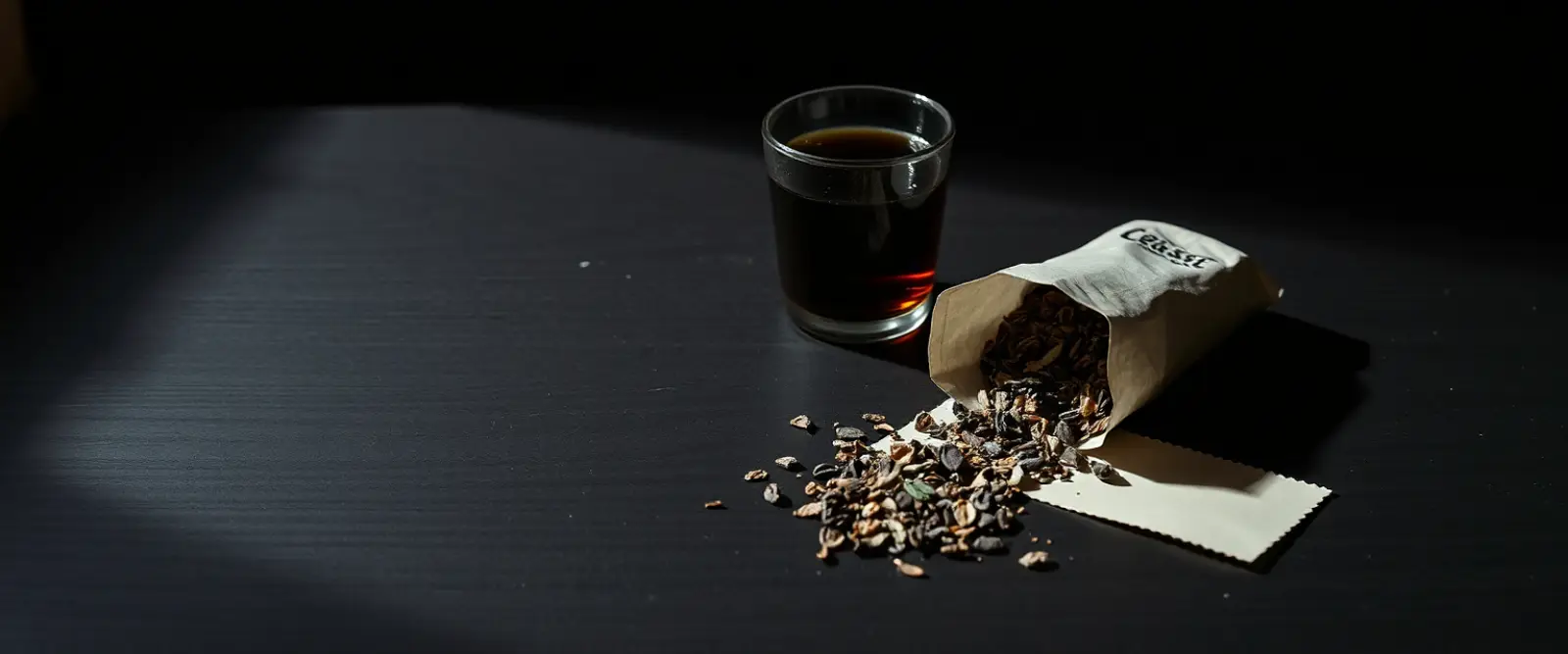 An open paper packet of loose-leaf tea spilling onto a dark table, a glass of brewed tea behind it.