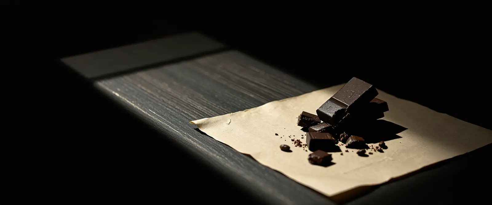 A bar of very dark chocolate broken into pieces on a sheet of matte paper.