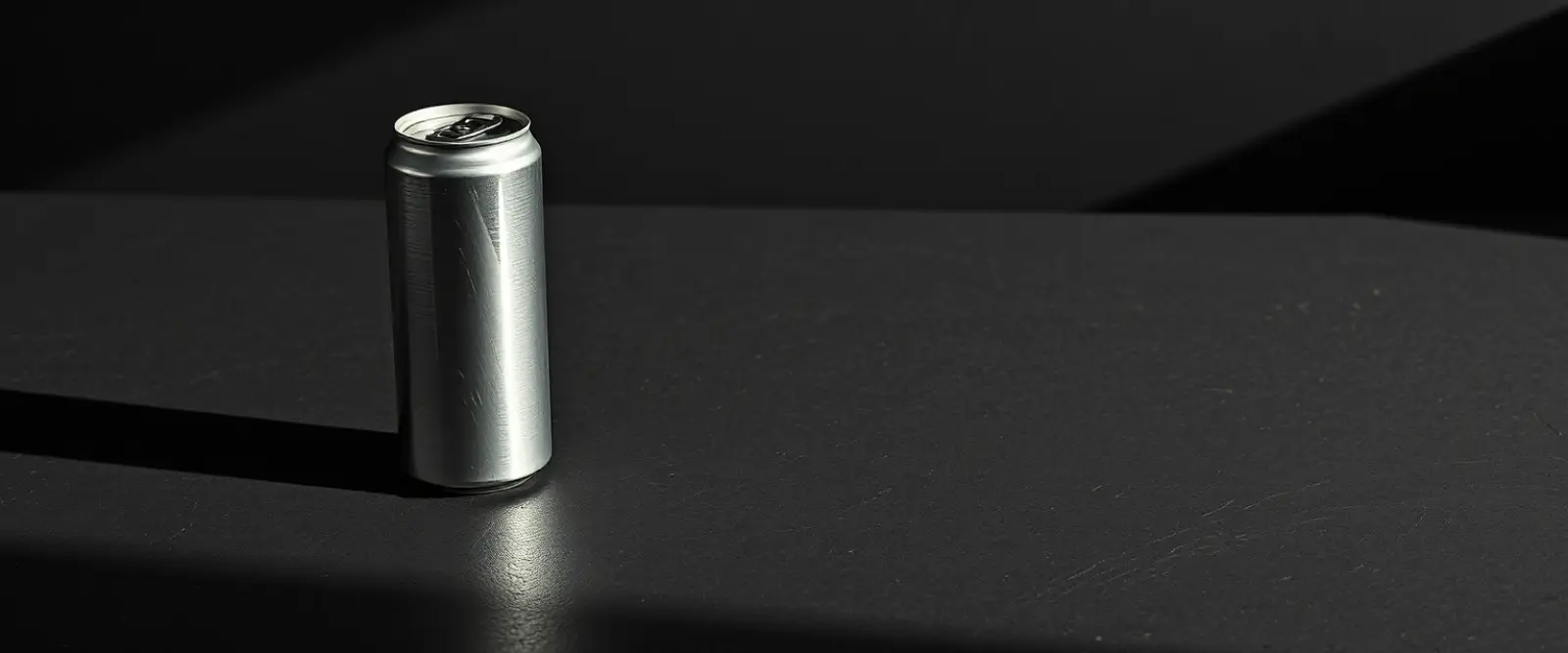 A plain unlabelled aluminium can on a dark concrete surface, its shadow long across the frame.