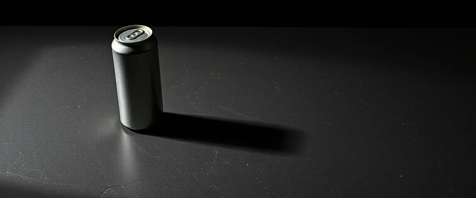 A plain unlabelled aluminium can on a dark concrete surface, its shadow long across the frame.