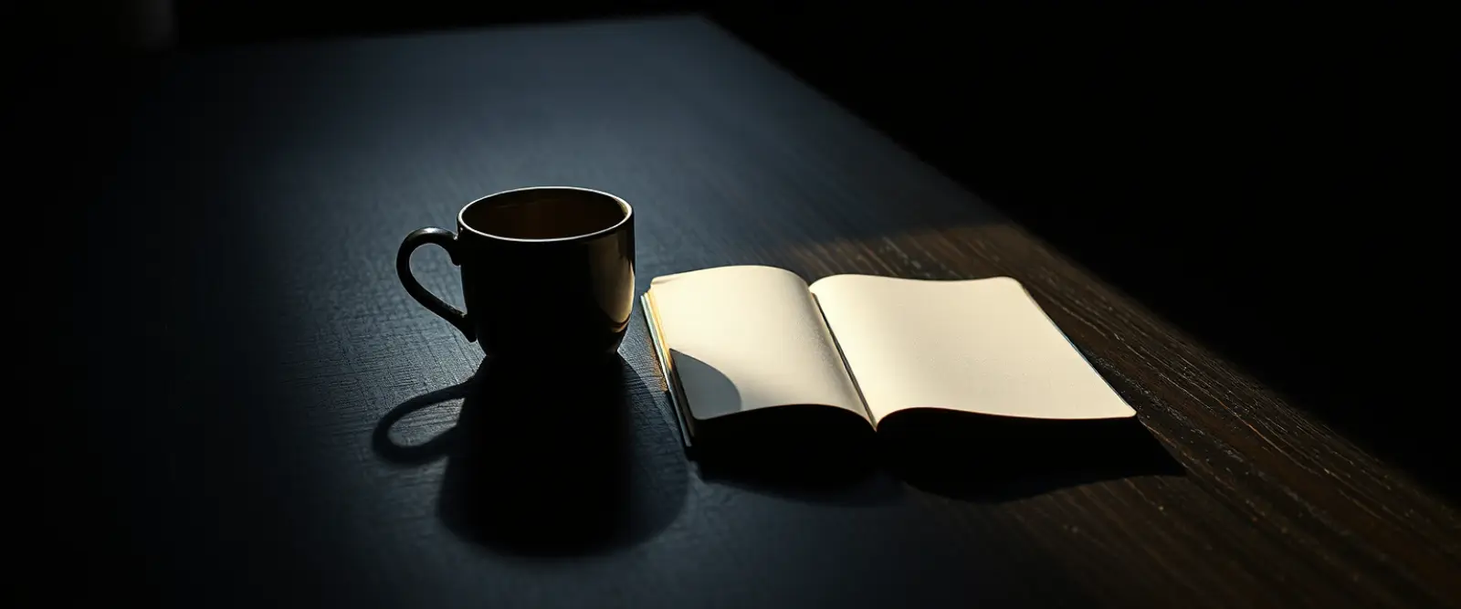 An untouched cup of coffee at the edge of a wide empty table beside a closed notebook.