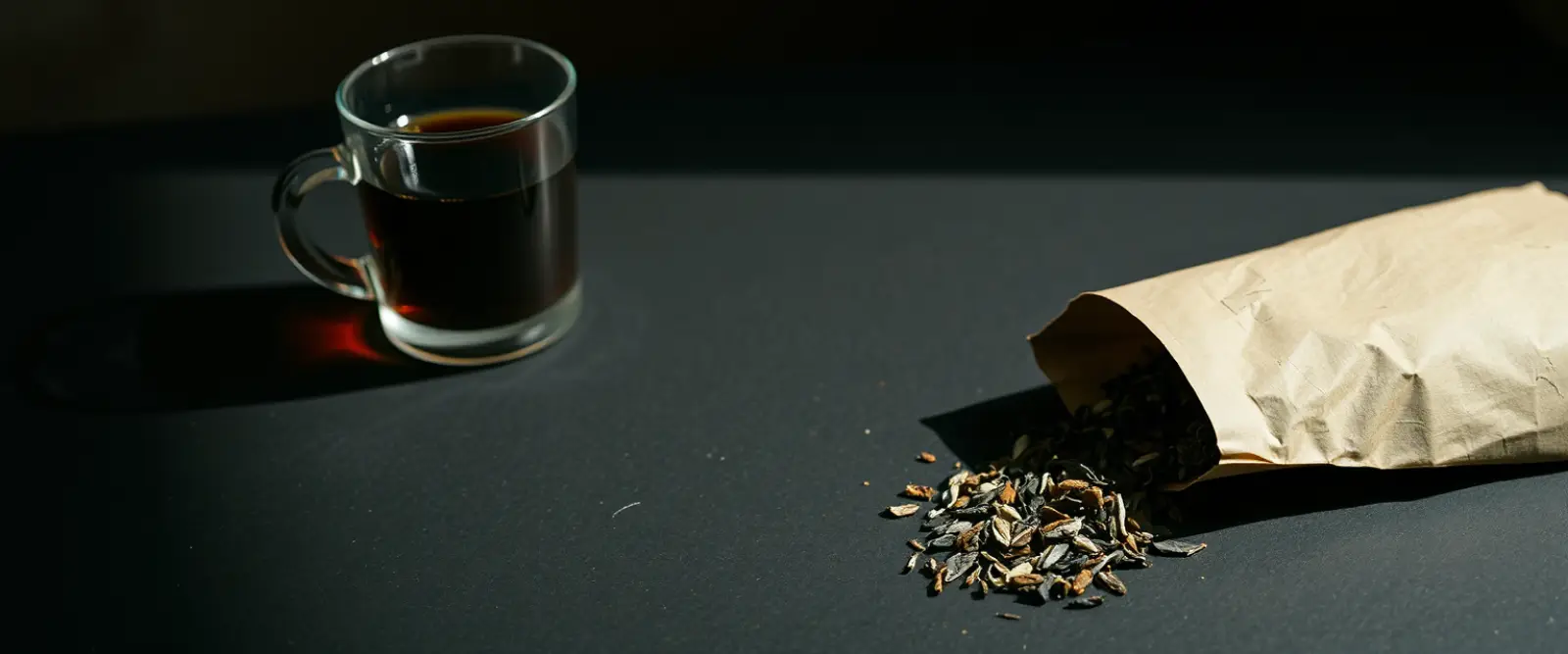 An open paper packet of loose-leaf tea spilling onto a dark table, a glass of brewed tea behind it.