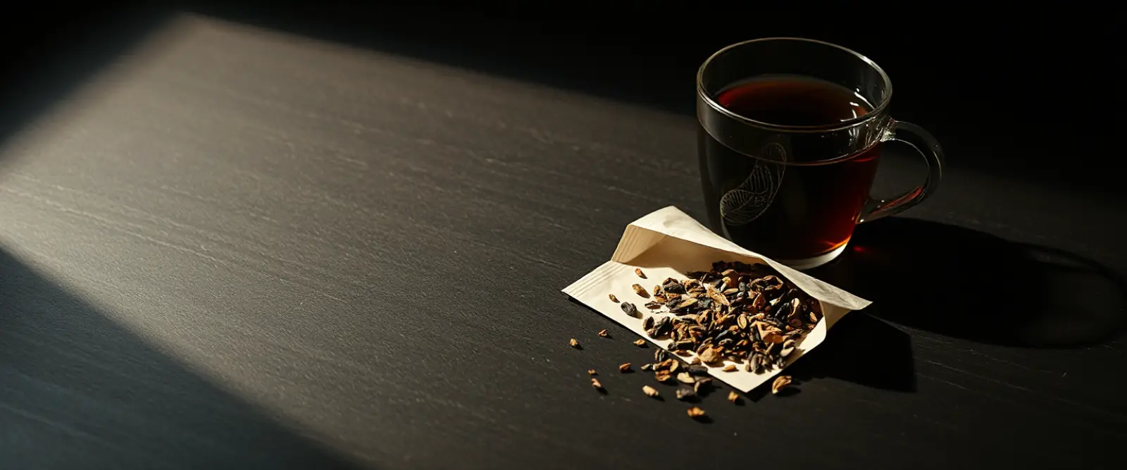 An open paper packet of loose-leaf tea spilling onto a dark table, a glass of brewed tea behind it.