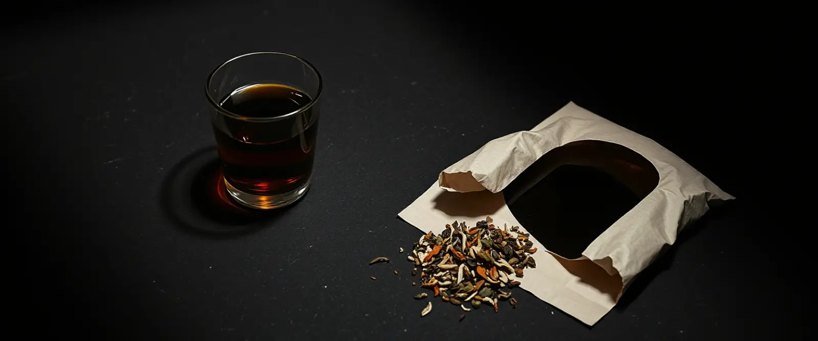 An open paper packet of loose-leaf tea spilling onto a dark table, a glass of brewed tea behind it.
