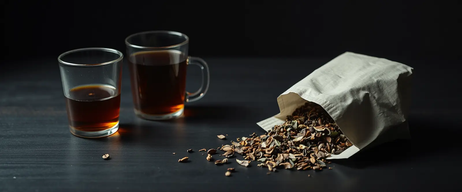 An open paper packet of loose-leaf tea spilling onto a dark table, a glass of brewed tea behind it.