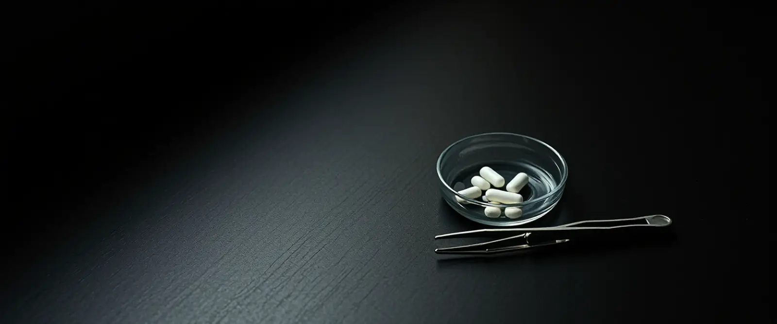 A few plain white tablets in a small glass dish beside steel tweezers.