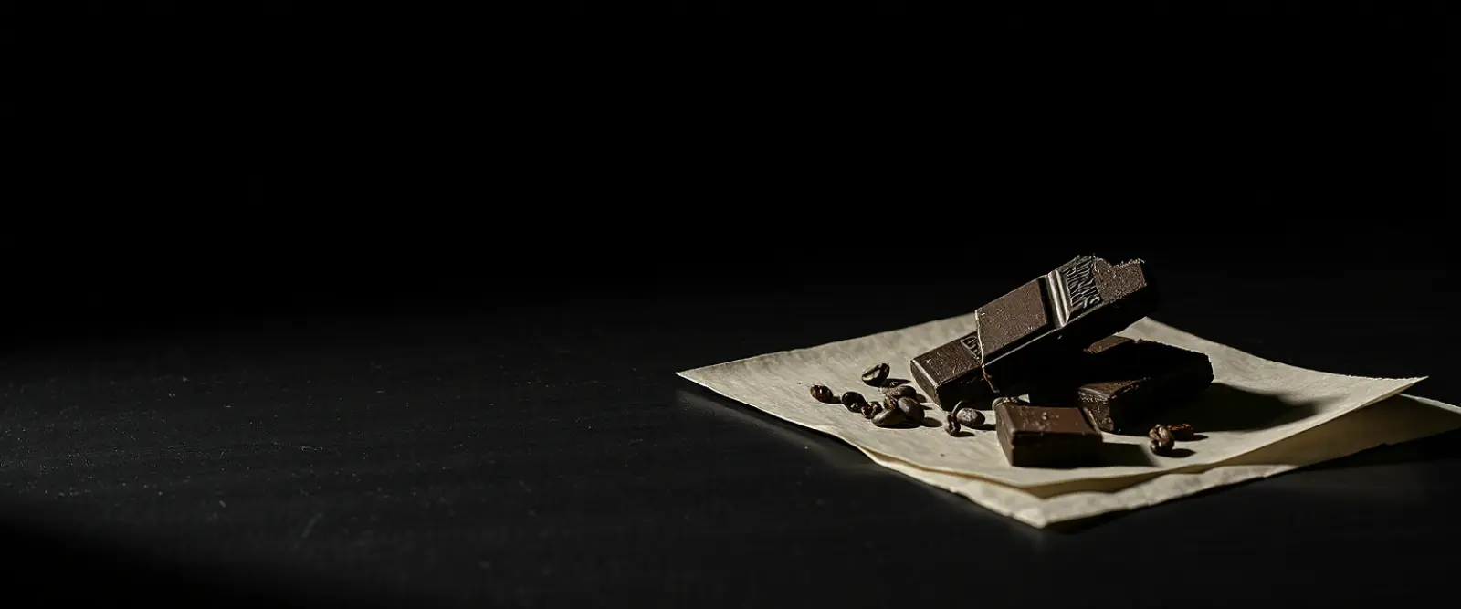 A bar of very dark chocolate broken into pieces on a sheet of matte paper.