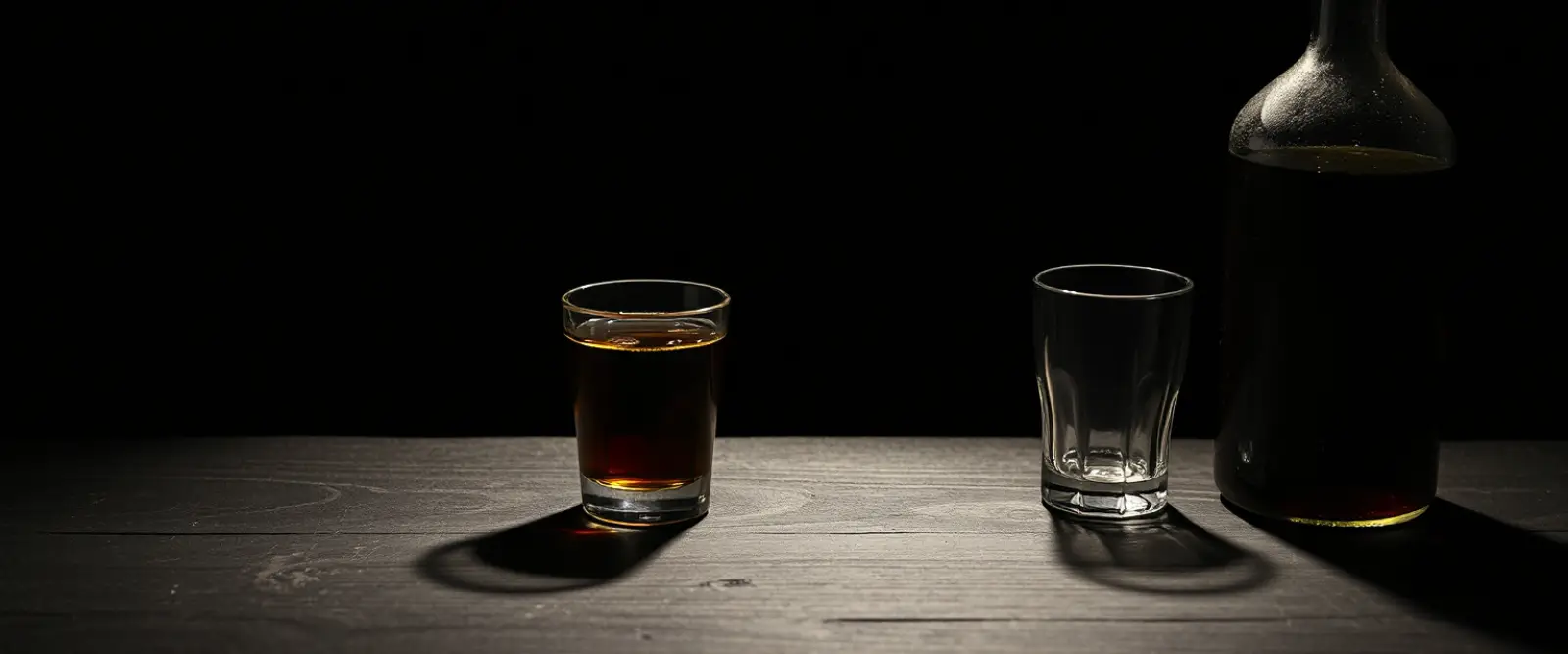 An unlabelled glass bottle and a cut-glass tumbler of a very dark drink.