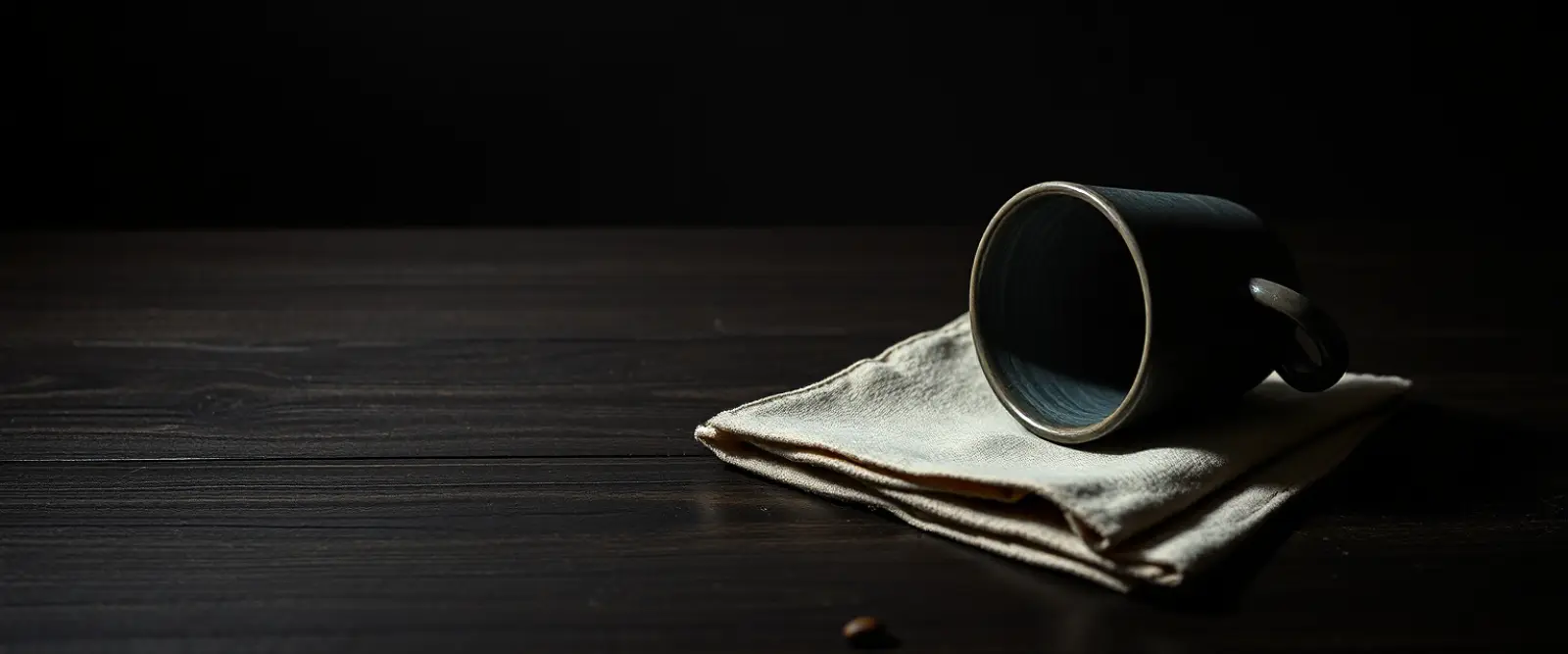 An empty dark cup turned upside down on a folded linen cloth, a dry ring on the wood beside it.
