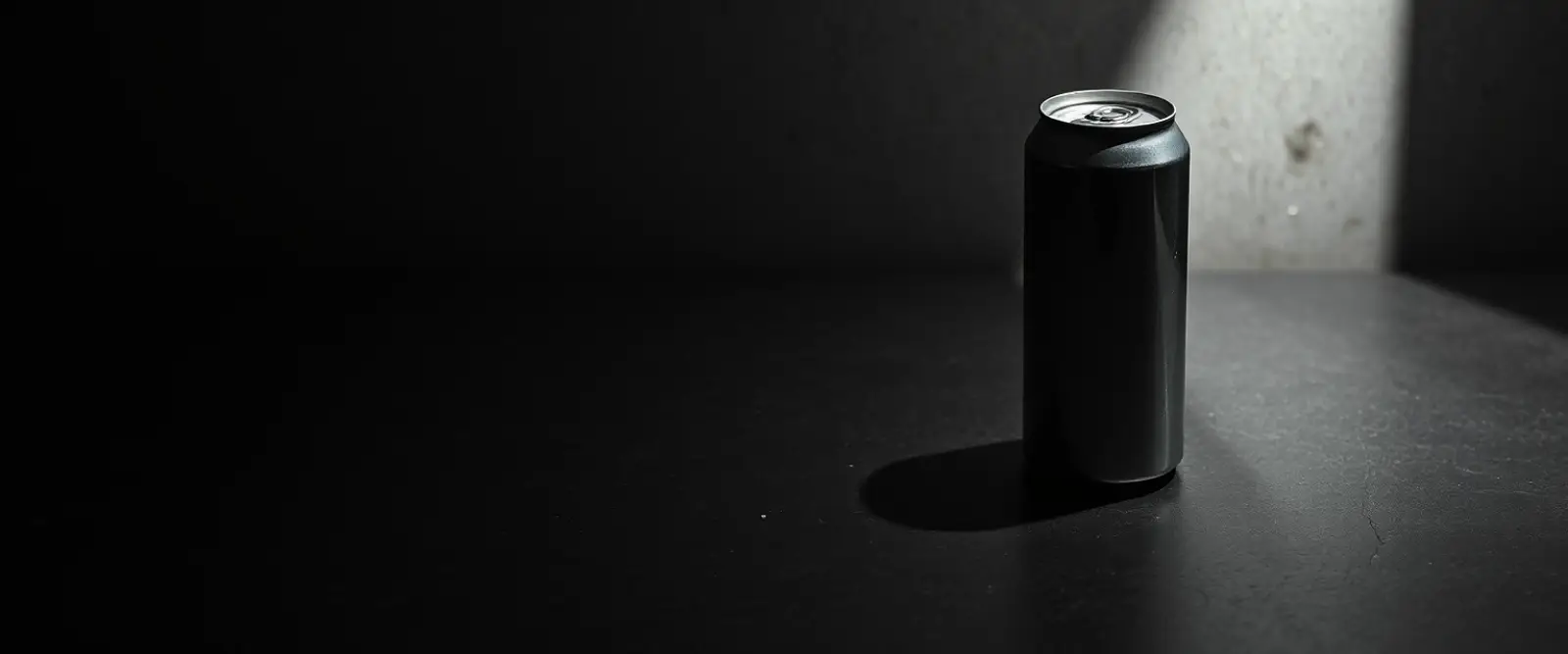 A plain unlabelled aluminium can on a dark concrete surface, its shadow long across the frame.