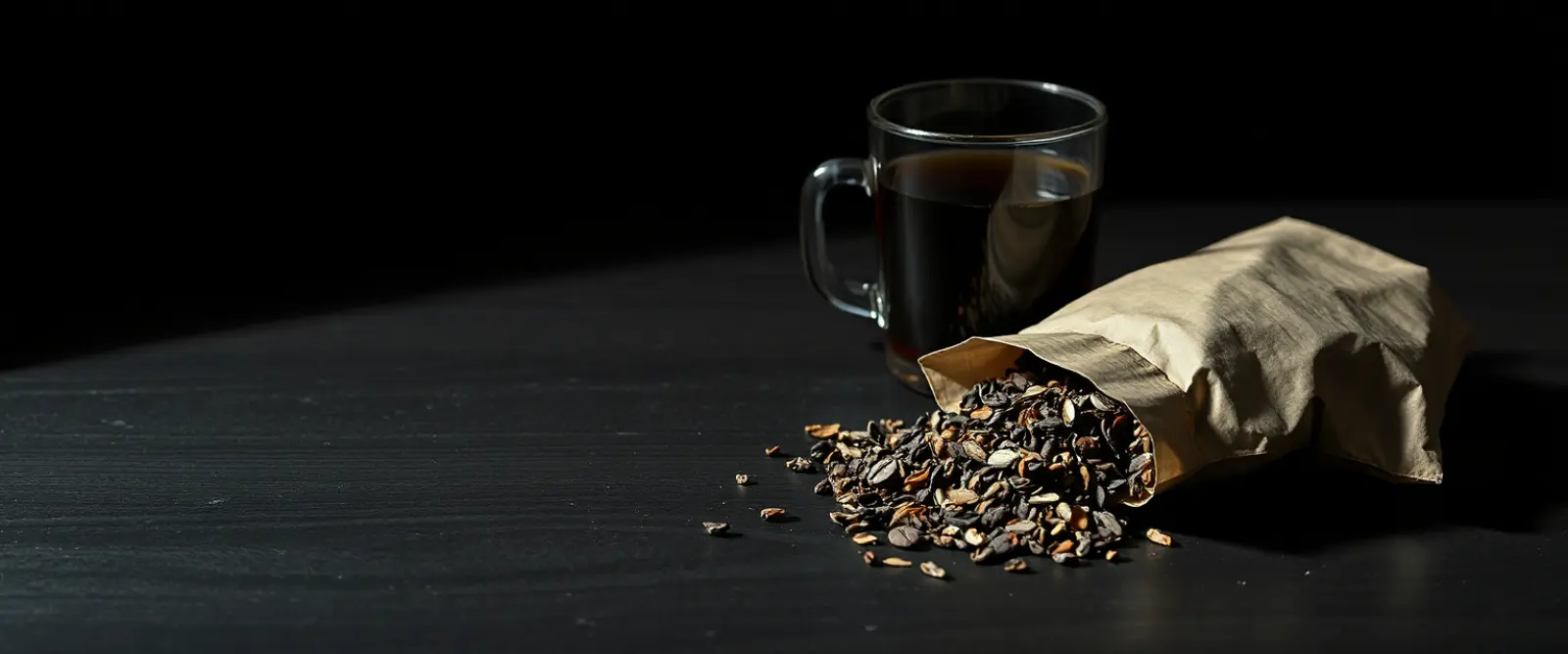 An open paper packet of loose-leaf tea spilling onto a dark table, a glass of brewed tea behind it.