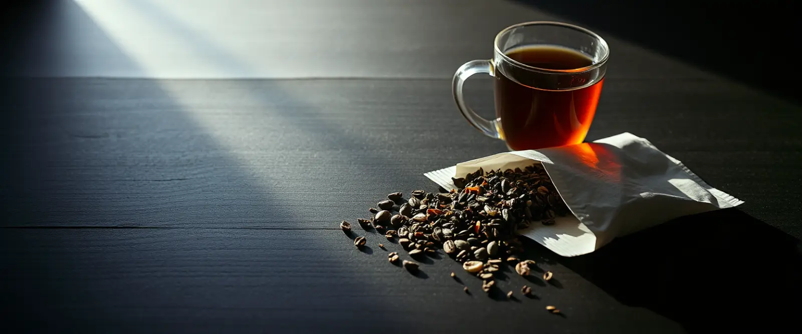 An open paper packet of loose-leaf tea spilling onto a dark table, a glass of brewed tea behind it.