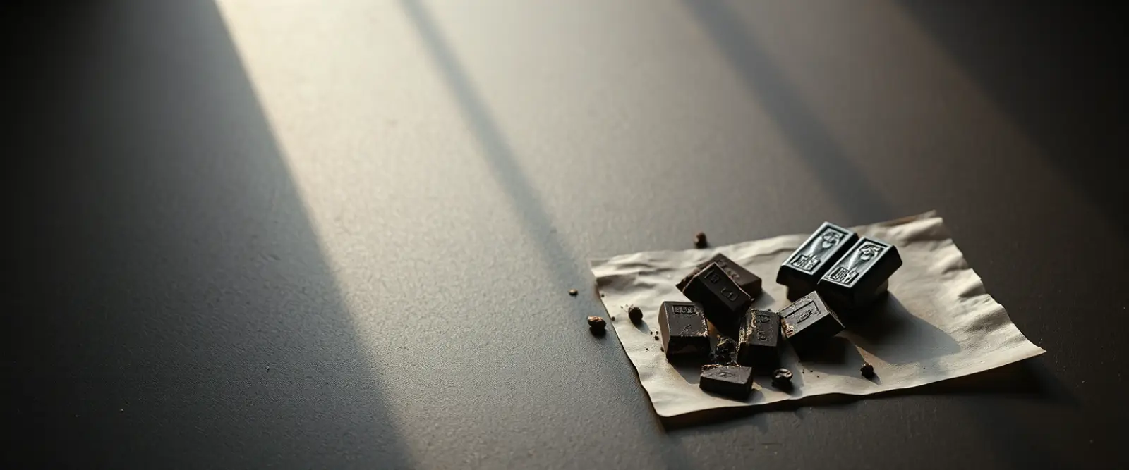 A bar of very dark chocolate broken into pieces on a sheet of matte paper.