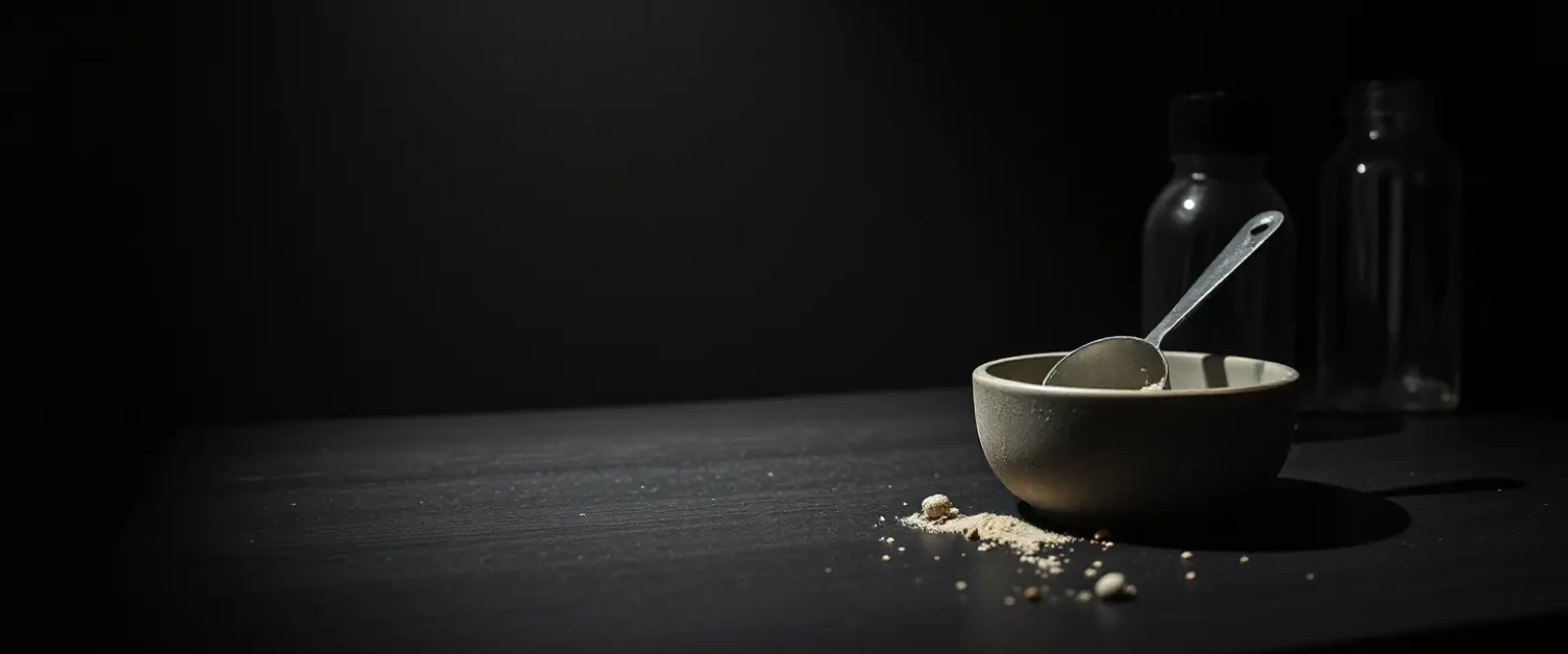 A steel measuring scoop of powder in an open tub, a plain shaker bottle behind it.