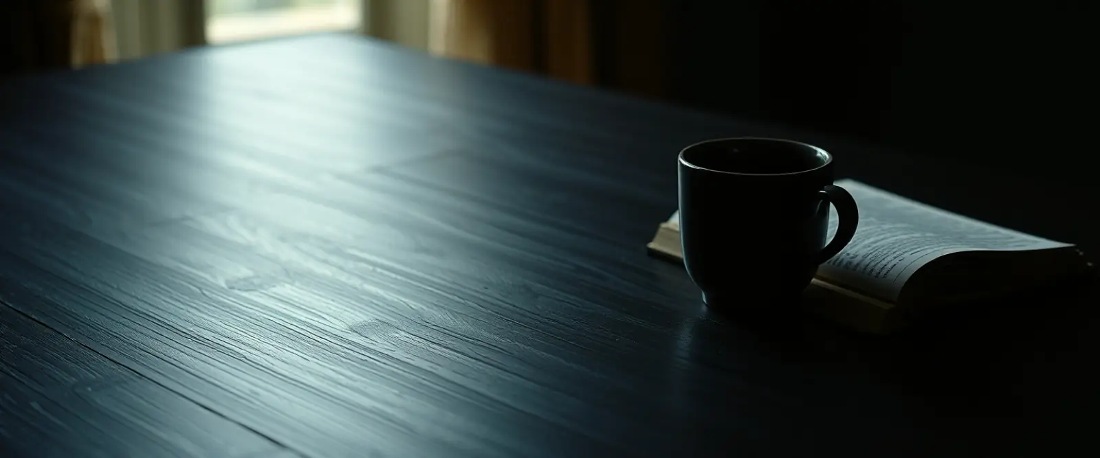 An untouched cup of coffee at the edge of a wide empty table beside a closed notebook.