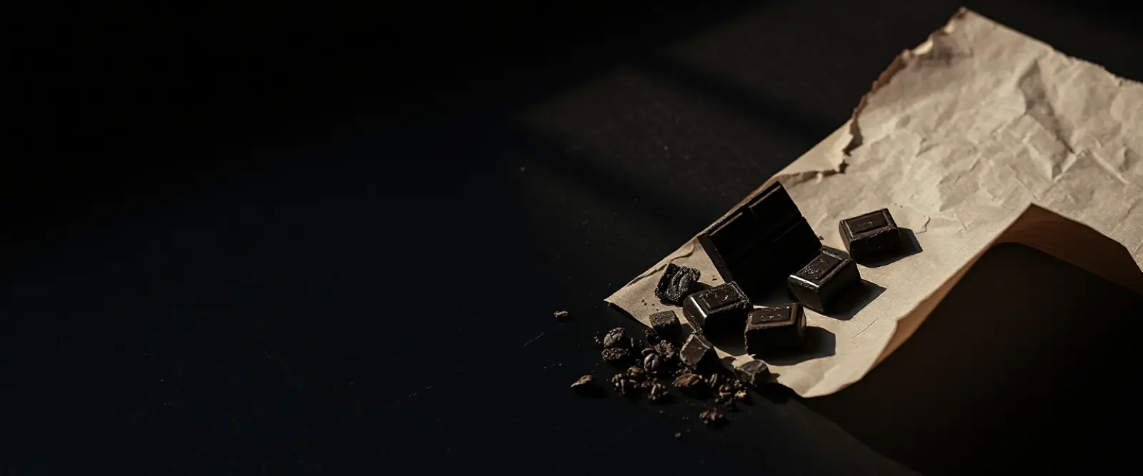 A bar of very dark chocolate broken into pieces on a sheet of matte paper.