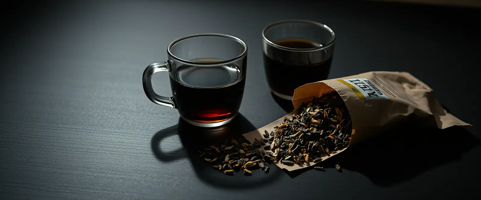An open paper packet of loose-leaf tea spilling onto a dark table, a glass of brewed tea behind it.
