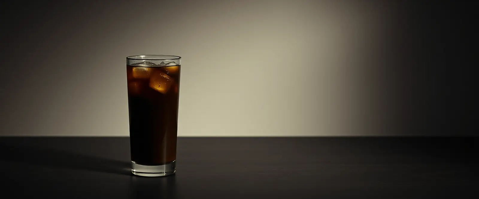 A tall glass of very dark iced coffee on a counter, beaded with condensation.