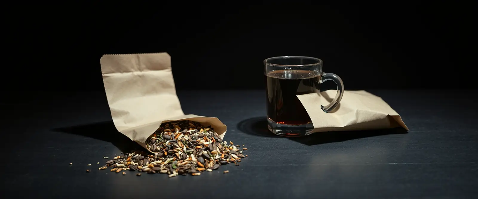 An open paper packet of loose-leaf tea spilling onto a dark table, a glass of brewed tea behind it.