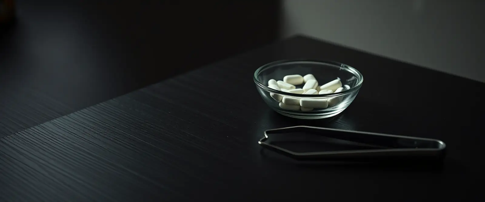 A few plain white tablets in a small glass dish beside steel tweezers.