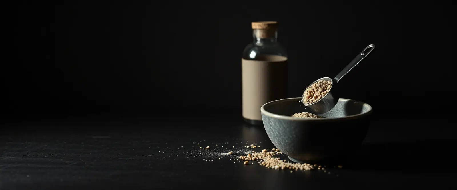 A steel measuring scoop of powder in an open tub, a plain shaker bottle behind it.