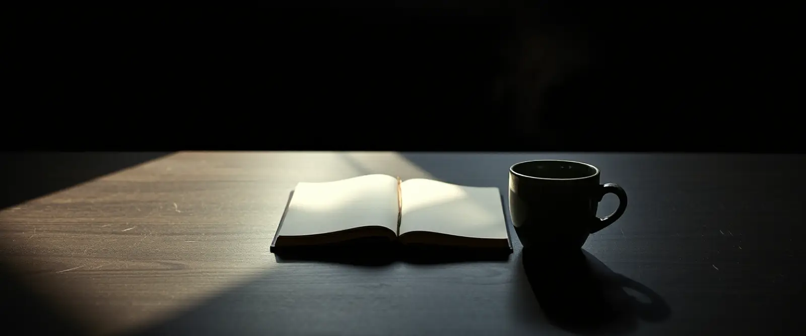 An untouched cup of coffee at the edge of a wide empty table beside a closed notebook.