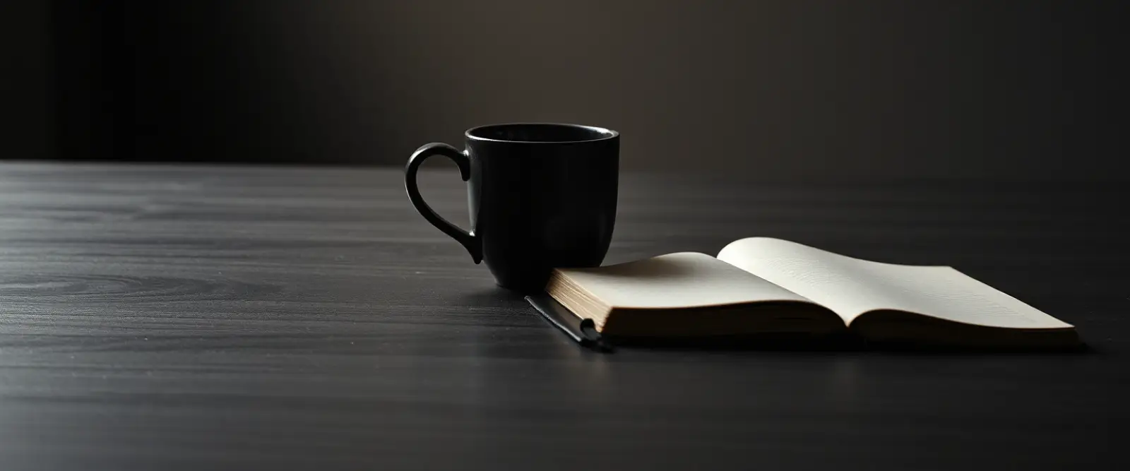 An untouched cup of coffee at the edge of a wide empty table beside a closed notebook.