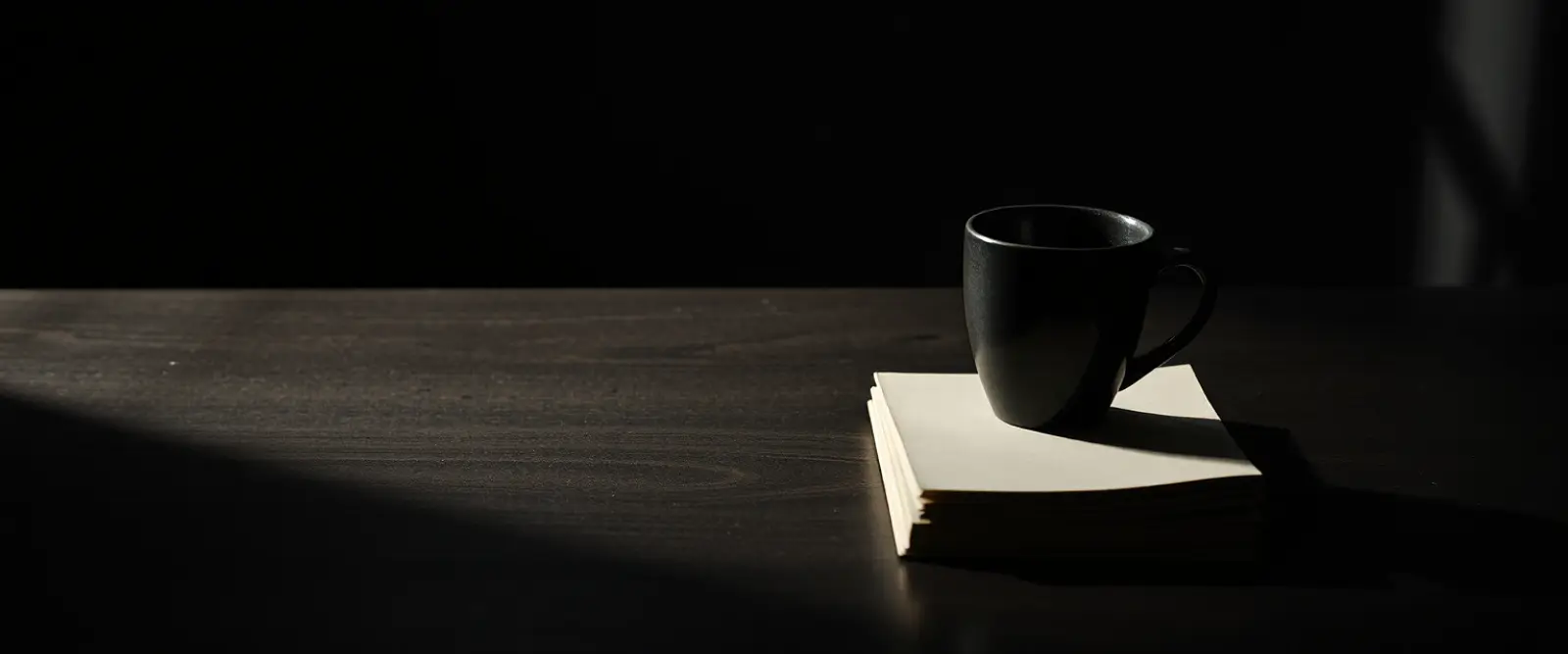 An untouched cup of coffee at the edge of a wide empty table beside a closed notebook.