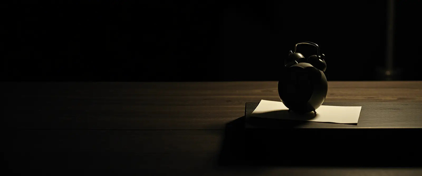 A bedside table at night holding a dark cup and a small mechanical alarm clock.