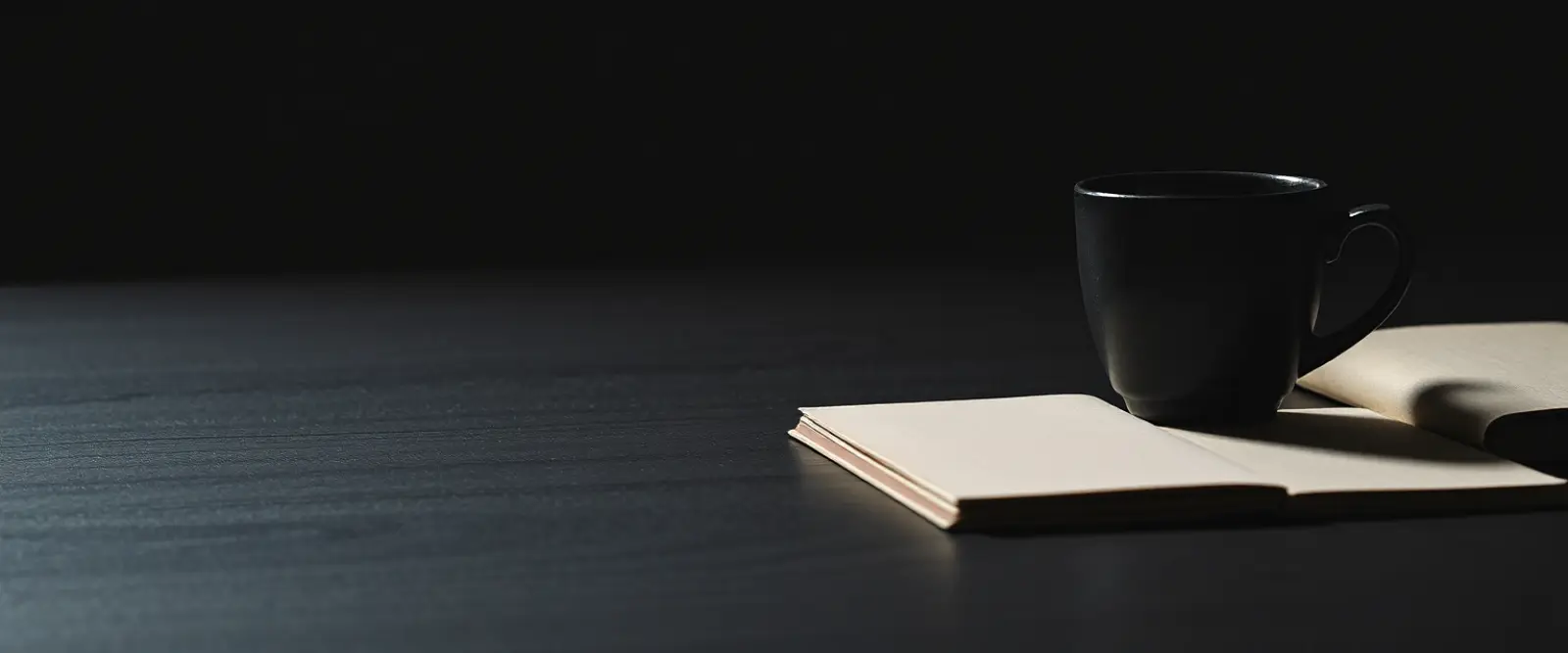 An untouched cup of coffee at the edge of a wide empty table beside a closed notebook.