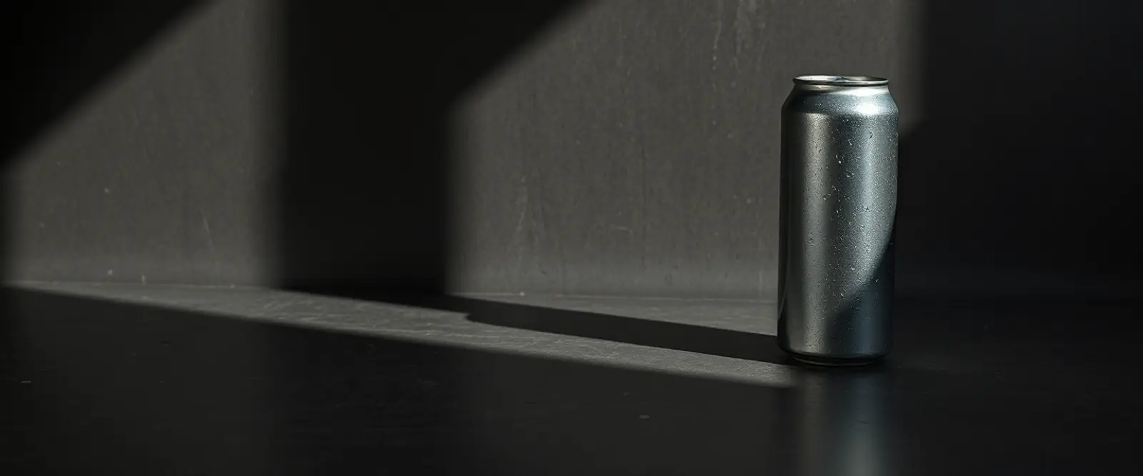 A plain unlabelled aluminium can on a dark concrete surface, its shadow long across the frame.