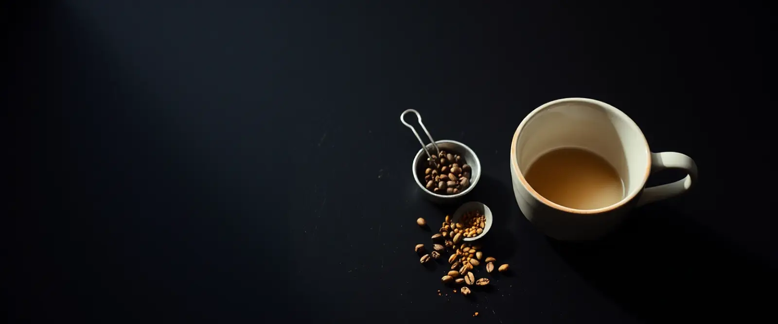 A wide ceramic cup beside a small dish of whole spices and a strainer.