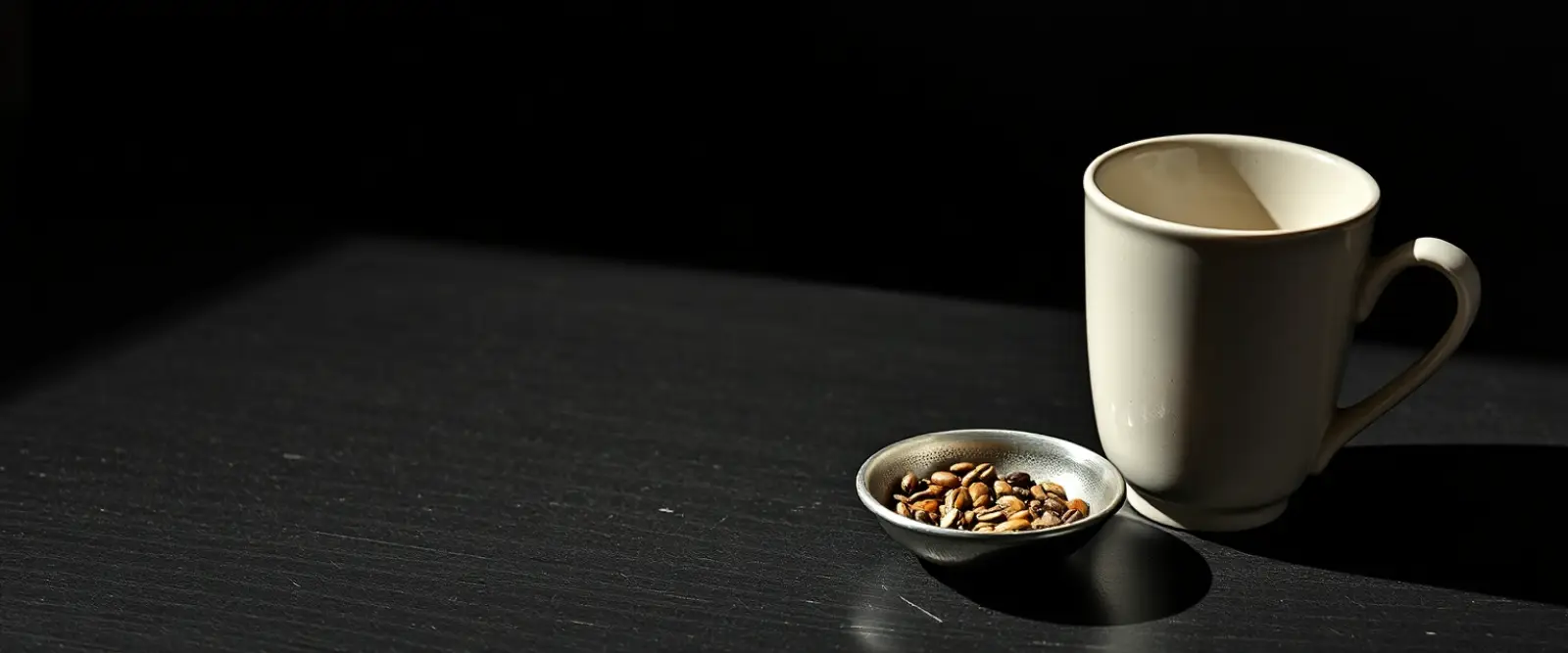 A wide ceramic cup beside a small dish of whole spices and a strainer.