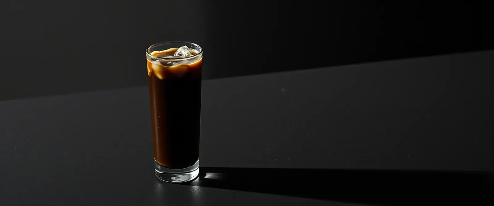A tall glass of very dark iced coffee on a counter, beaded with condensation.