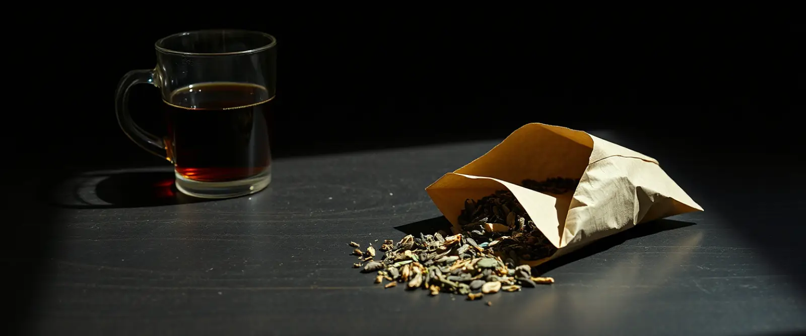 An open paper packet of loose-leaf tea spilling onto a dark table, a glass of brewed tea behind it.