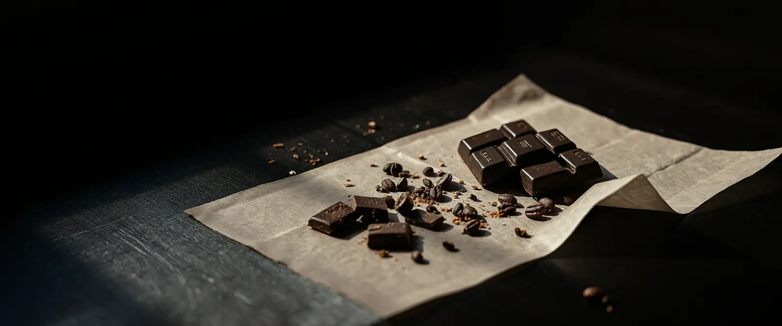 A bar of very dark chocolate broken into pieces on a sheet of matte paper.