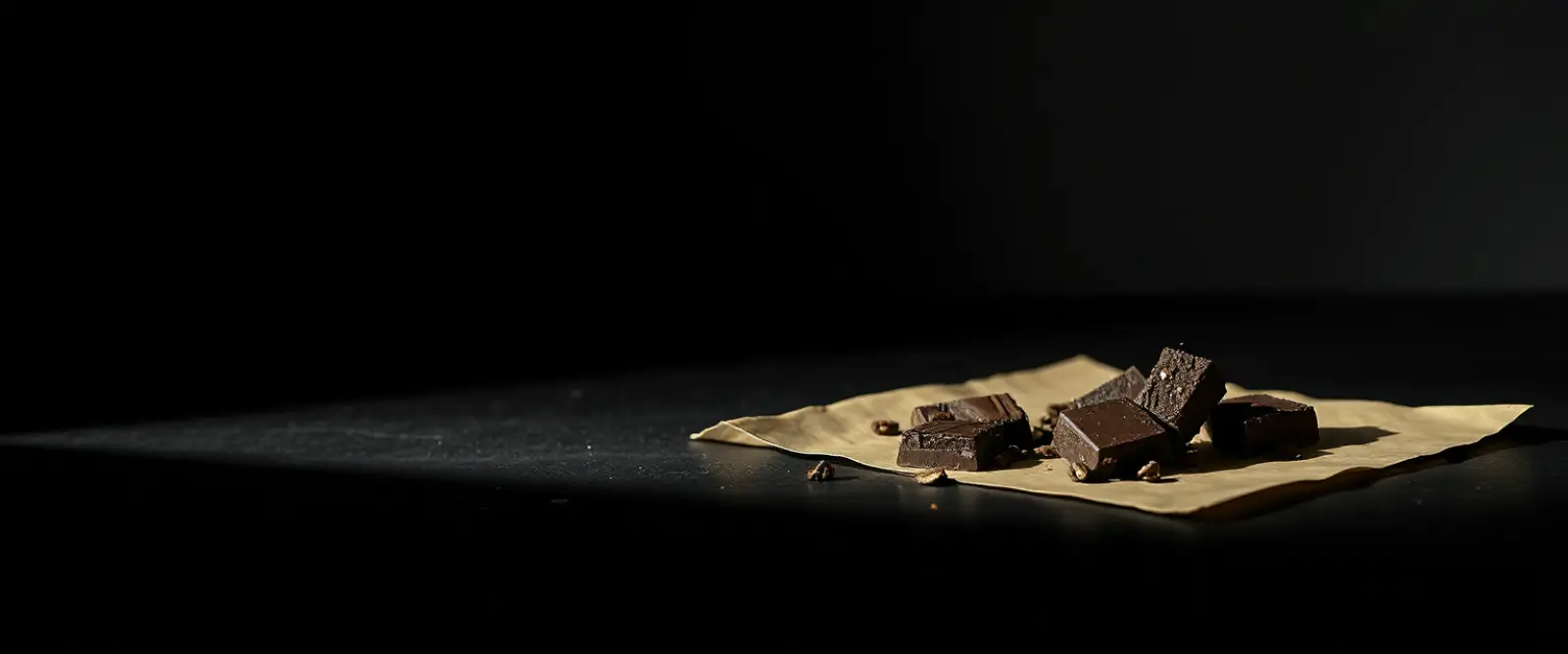 A bar of very dark chocolate broken into pieces on a sheet of matte paper.