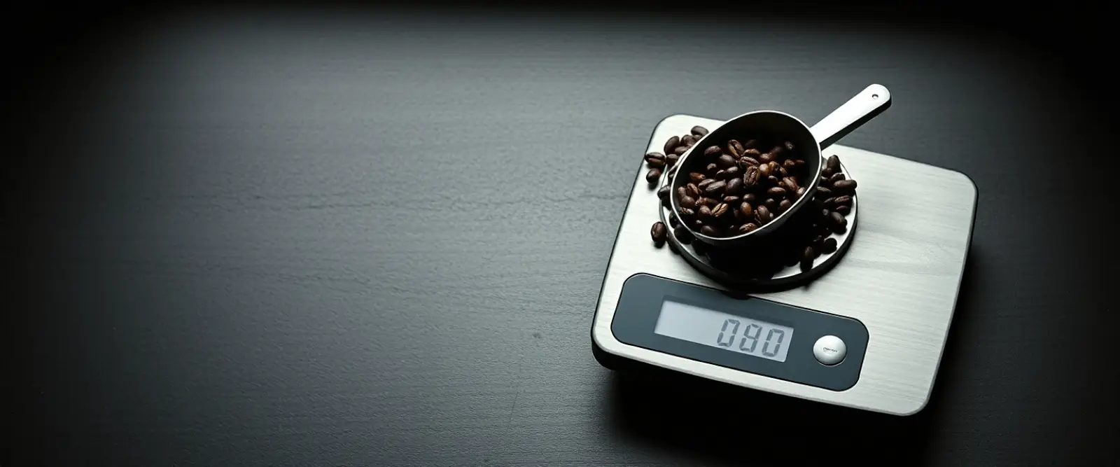 A flat kitchen scale holding roasted coffee beans and a steel scoop.