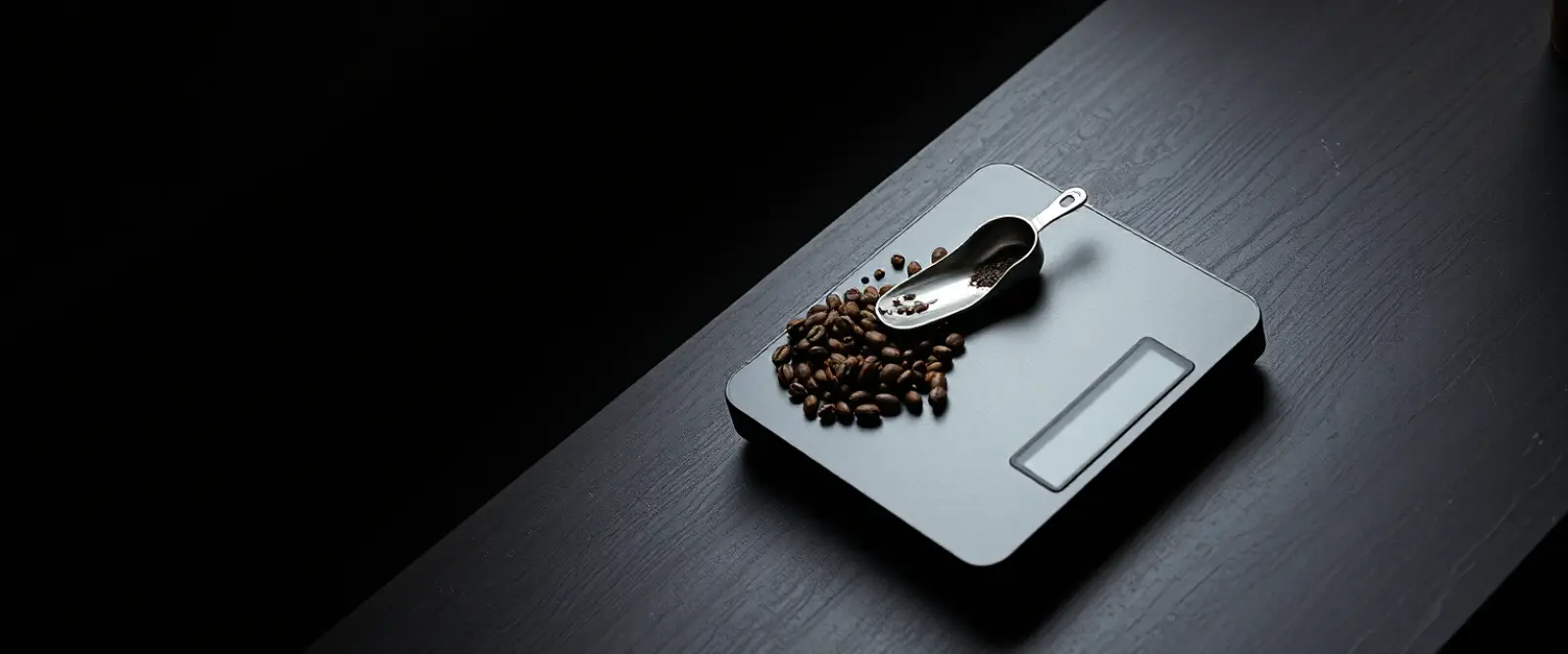 A flat kitchen scale holding roasted coffee beans and a steel scoop.