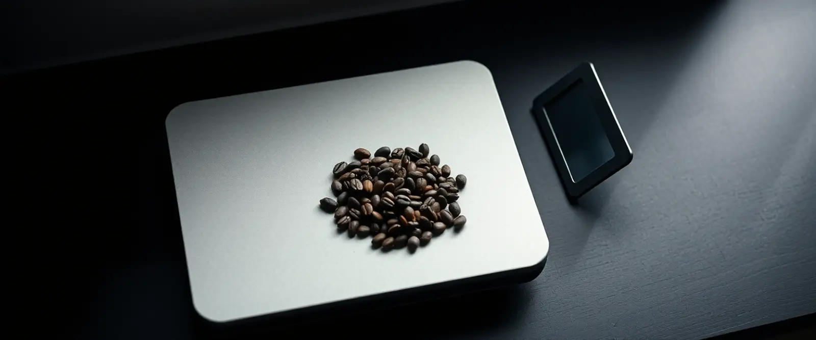A flat kitchen scale holding roasted coffee beans and a steel scoop.
