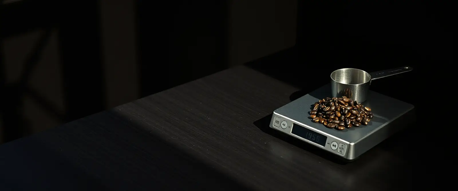 A flat kitchen scale holding roasted coffee beans and a steel scoop.