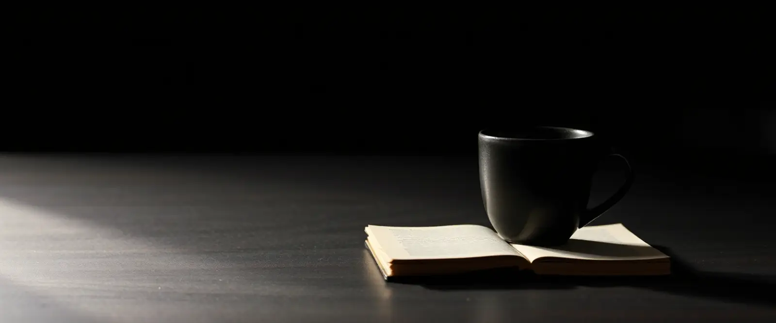 An untouched cup of coffee at the edge of a wide empty table beside a closed notebook.