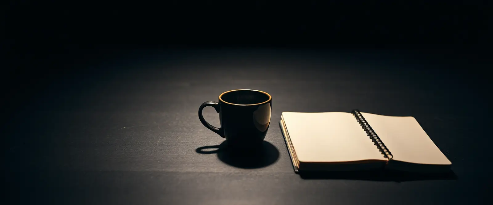 An untouched cup of coffee at the edge of a wide empty table beside a closed notebook.