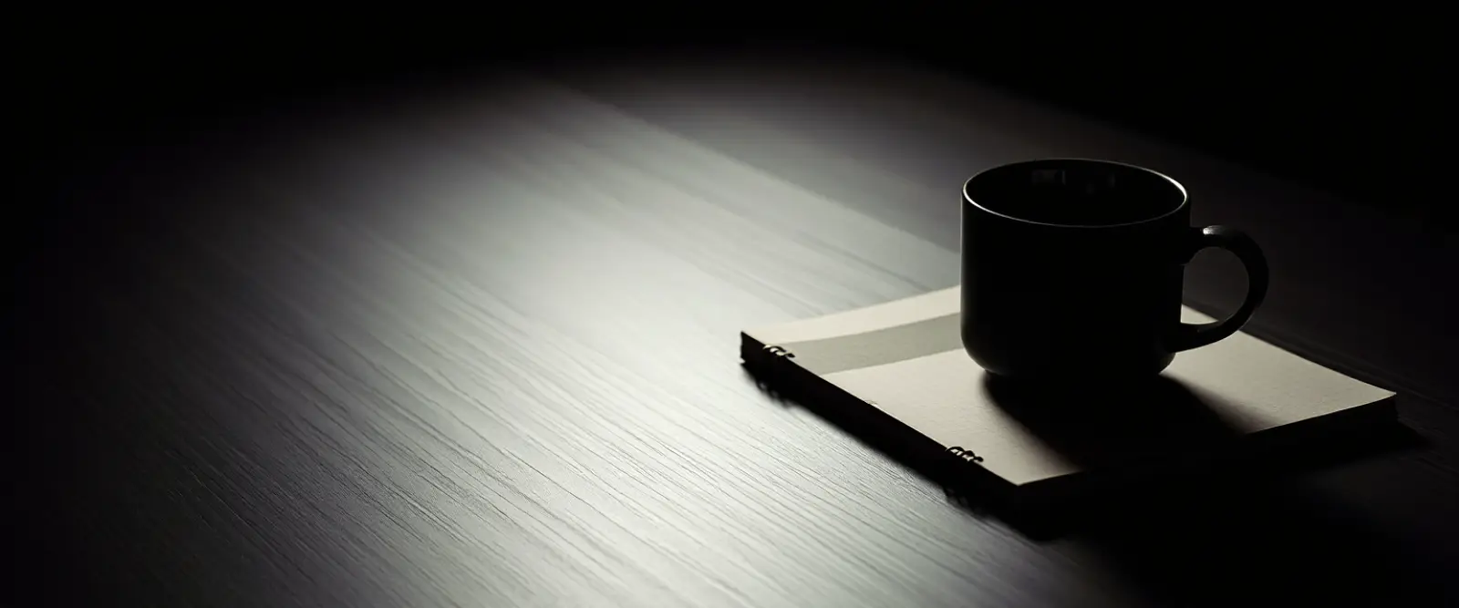 An untouched cup of coffee at the edge of a wide empty table beside a closed notebook.