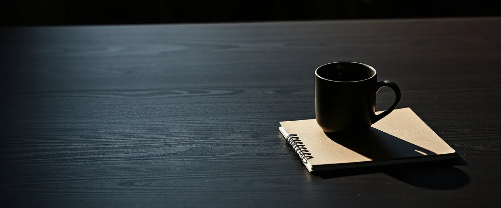 An untouched cup of coffee at the edge of a wide empty table beside a closed notebook.