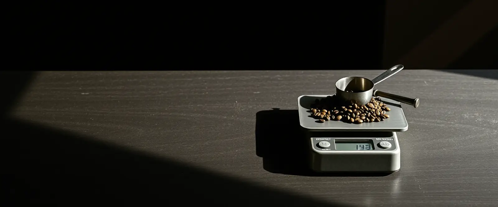 A flat kitchen scale holding roasted coffee beans and a steel scoop.