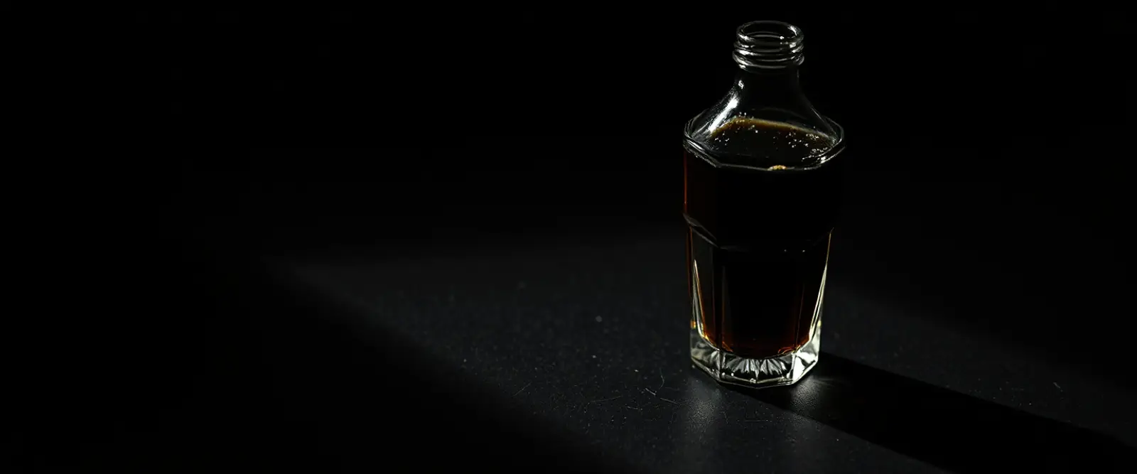 An unlabelled glass bottle and a cut-glass tumbler of a very dark drink.